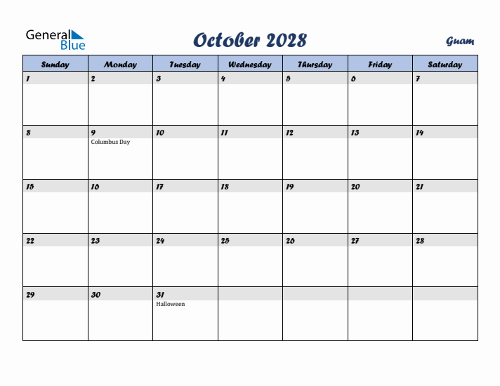 October 2028 Calendar with Holidays in Guam