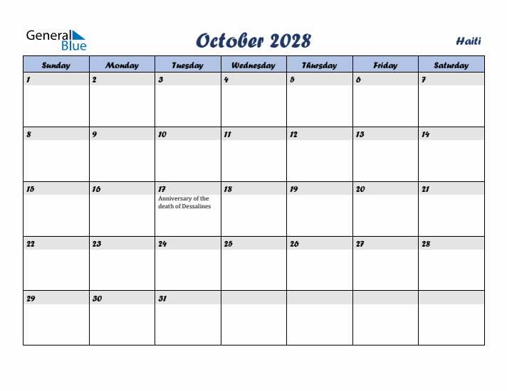 October 2028 Calendar with Holidays in Haiti