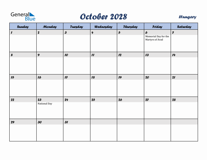 October 2028 Calendar with Holidays in Hungary