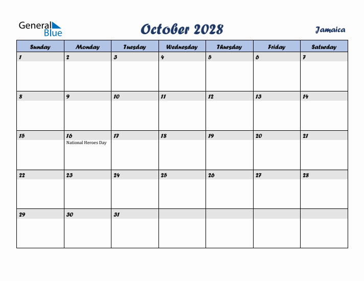 October 2028 Calendar with Holidays in Jamaica
