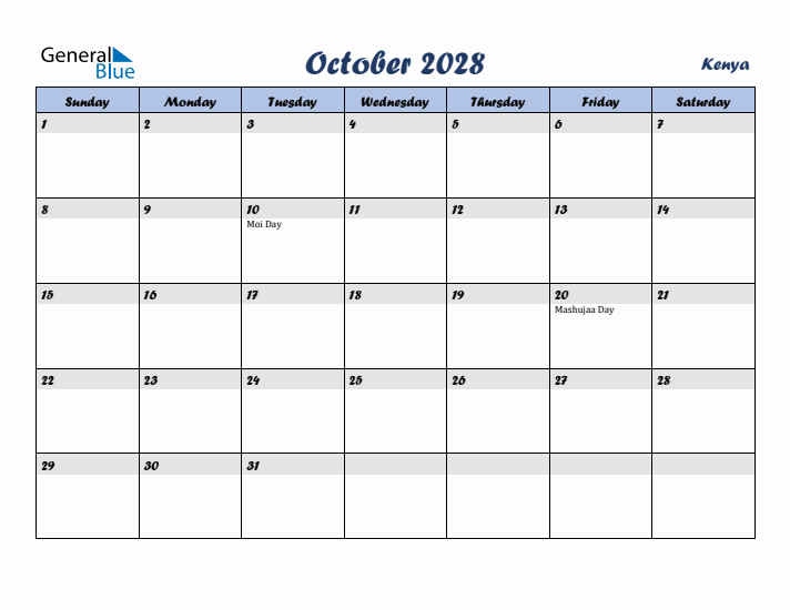 October 2028 Calendar with Holidays in Kenya