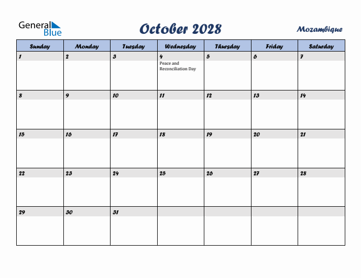 October 2028 Calendar with Holidays in Mozambique