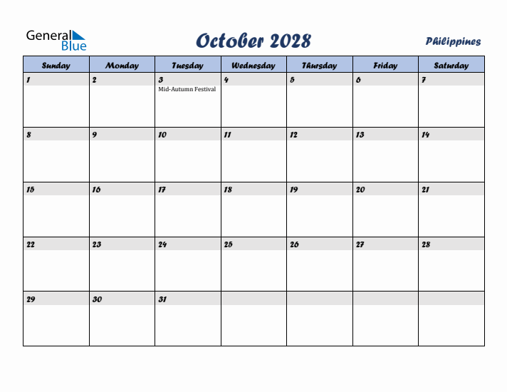 October 2028 Calendar with Holidays in Philippines