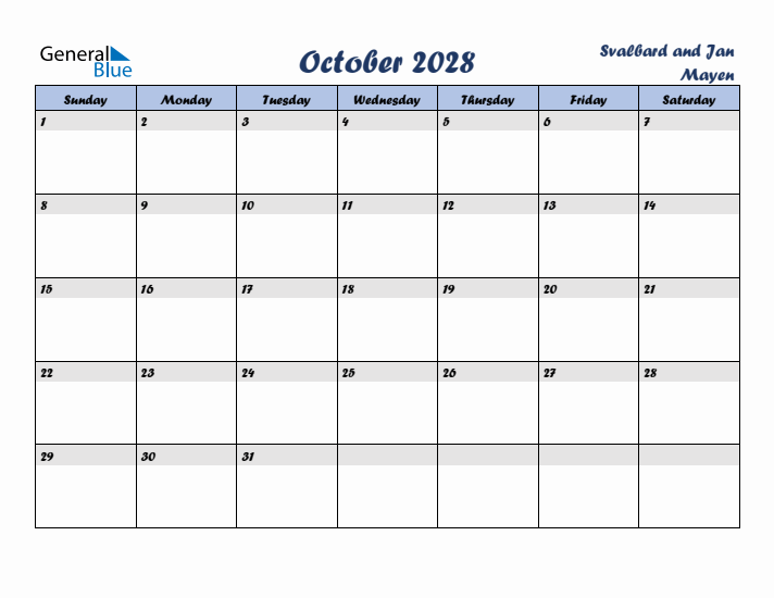 October 2028 Calendar with Holidays in Svalbard and Jan Mayen