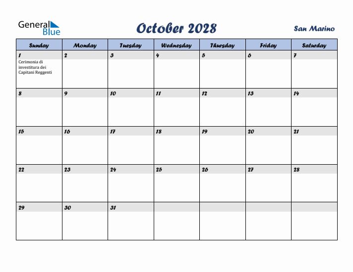 October 2028 Calendar with Holidays in San Marino