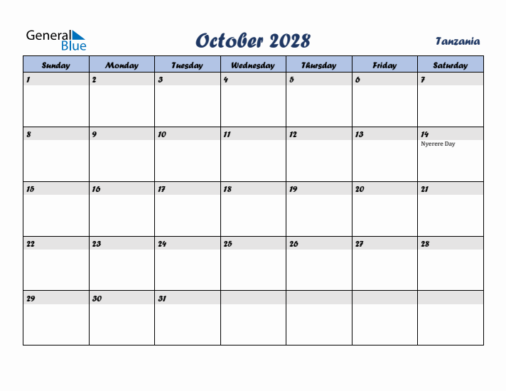 October 2028 Calendar with Holidays in Tanzania