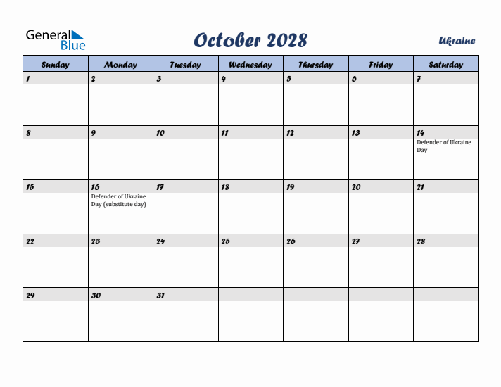 October 2028 Calendar with Holidays in Ukraine
