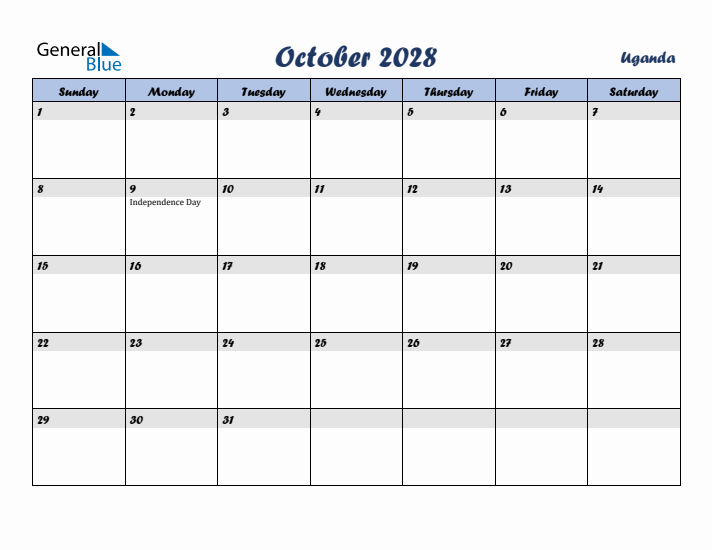 October 2028 Calendar with Holidays in Uganda