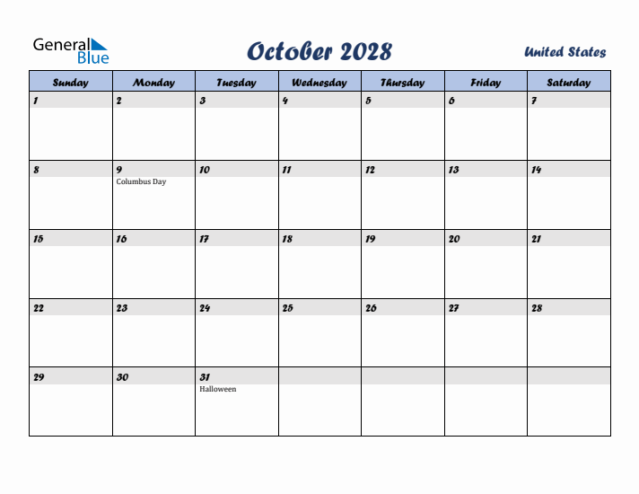 October 2028 Calendar with Holidays in United States