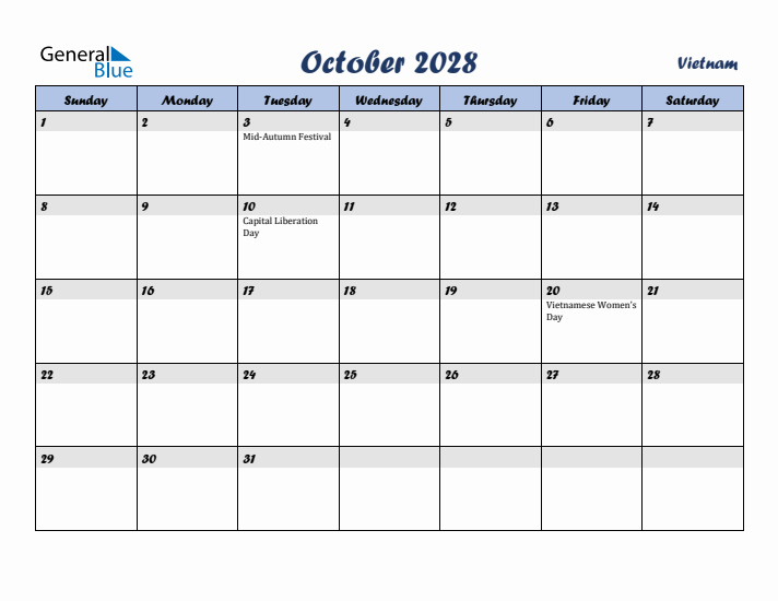 October 2028 Calendar with Holidays in Vietnam