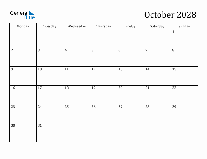 October 2028 Calendar