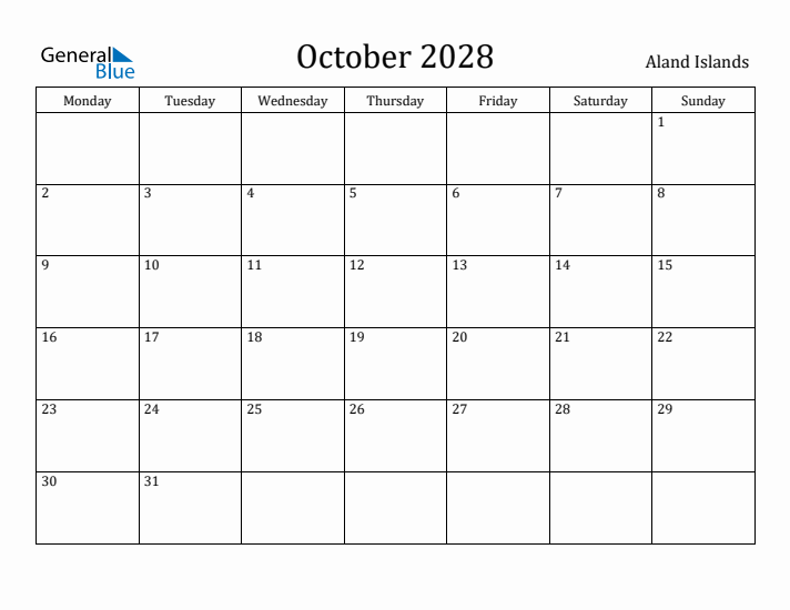 October 2028 Calendar Aland Islands