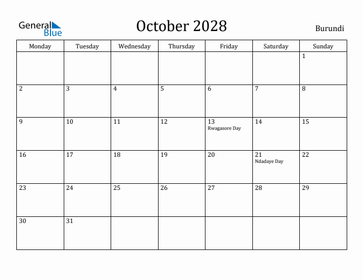 October 2028 Calendar Burundi