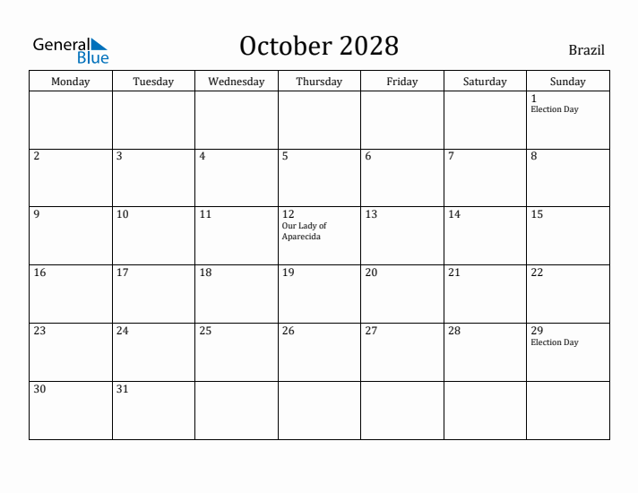 October 2028 Calendar Brazil