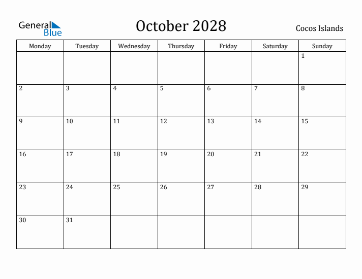 October 2028 Calendar Cocos Islands