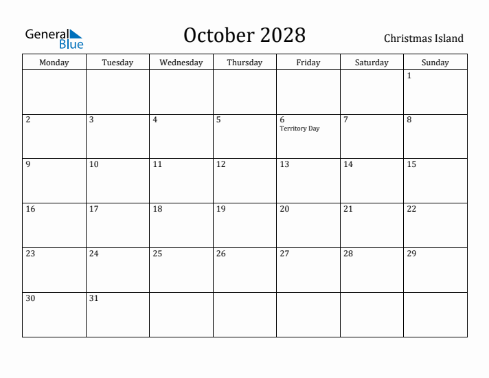 October 2028 Calendar Christmas Island