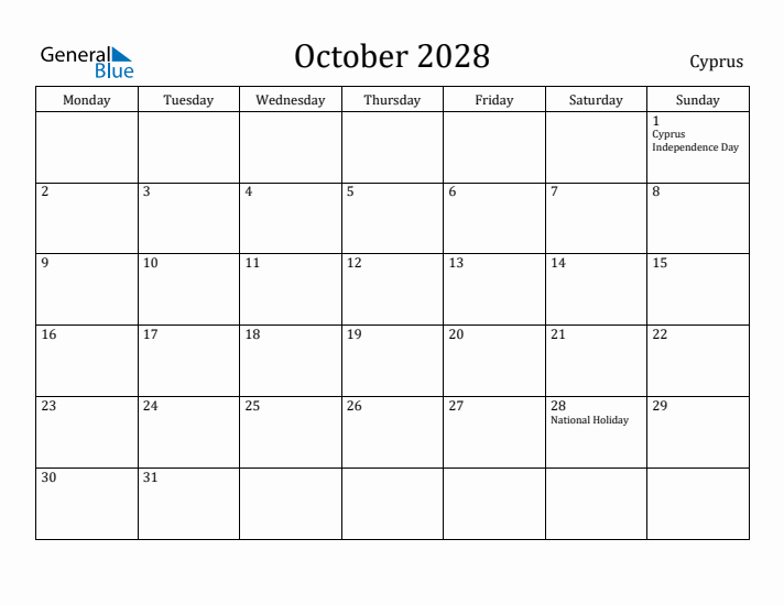 October 2028 Calendar Cyprus