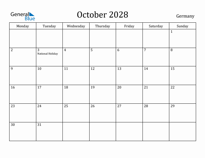 October 2028 Calendar Germany