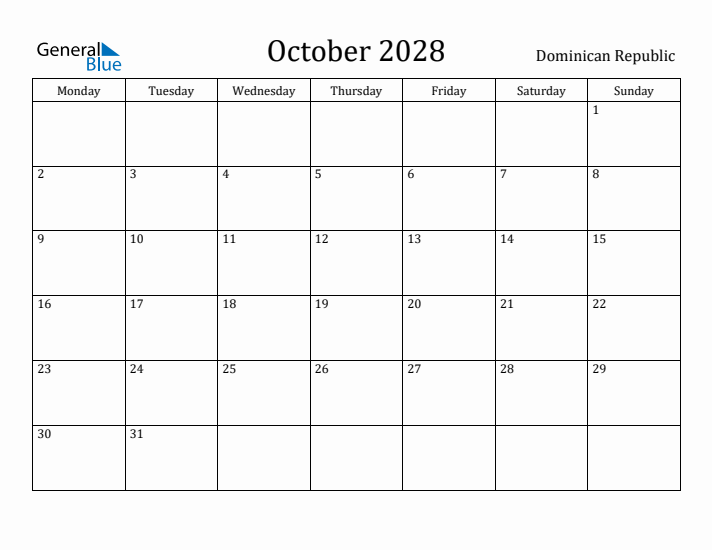 October 2028 Calendar Dominican Republic