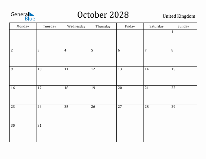 October 2028 Calendar United Kingdom
