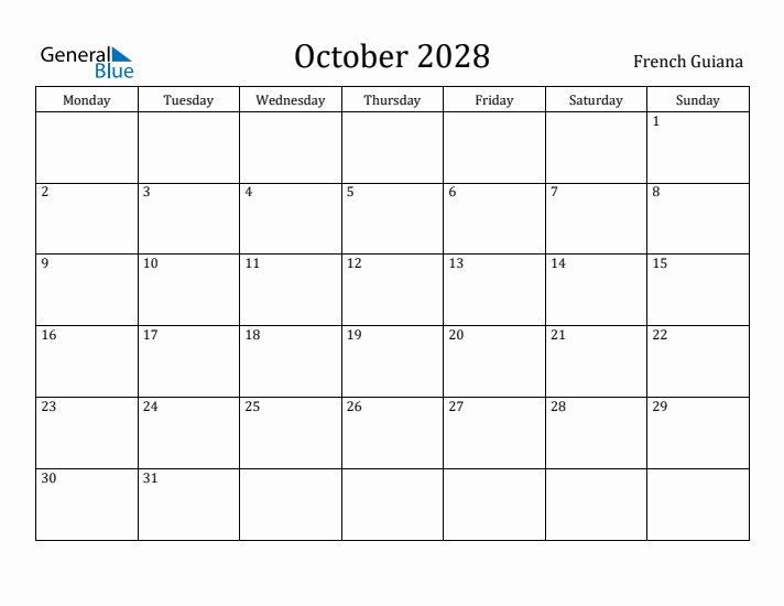 October 2028 Calendar French Guiana