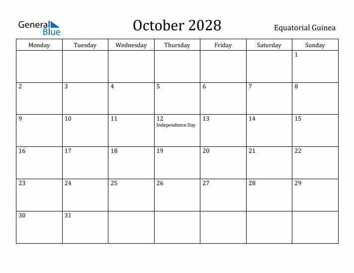 October 2028 Calendar Equatorial Guinea