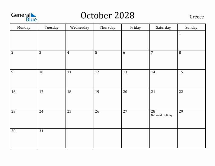 October 2028 Calendar Greece
