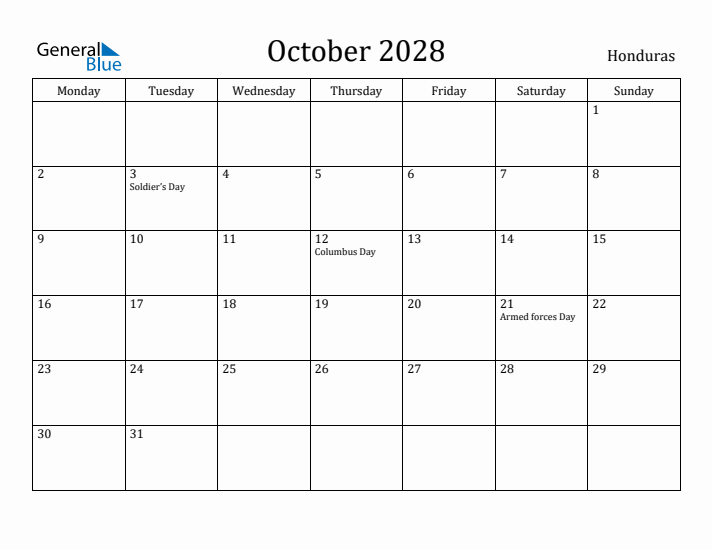 October 2028 Calendar Honduras