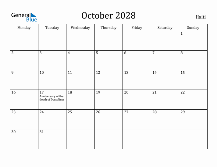 October 2028 Calendar Haiti