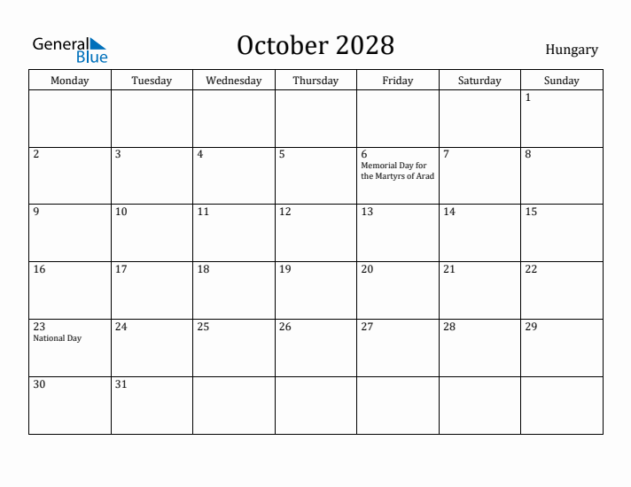 October 2028 Calendar Hungary