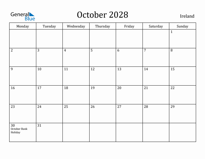 October 2028 Calendar Ireland