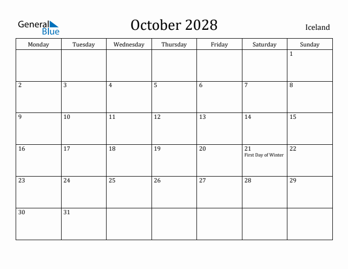 October 2028 Calendar Iceland