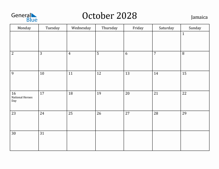 October 2028 Calendar Jamaica