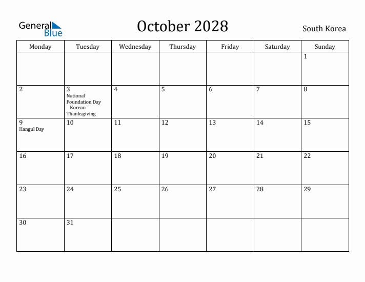 October 2028 Calendar South Korea
