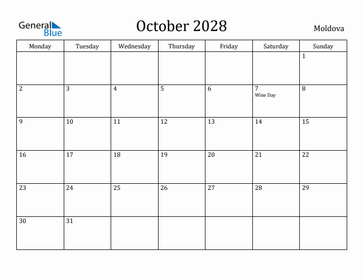 October 2028 Calendar Moldova