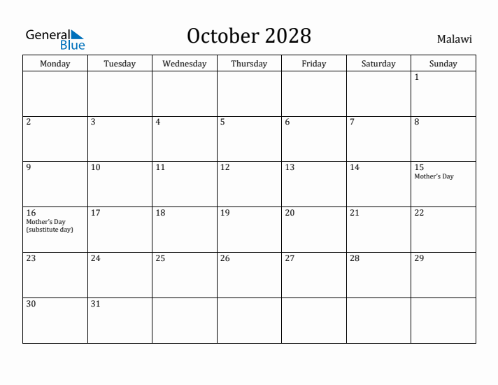 October 2028 Calendar Malawi