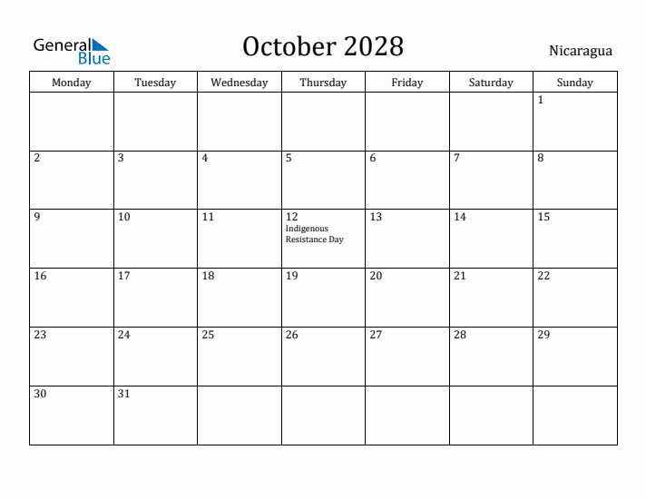 October 2028 Calendar Nicaragua