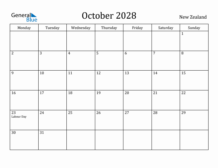 October 2028 Calendar New Zealand