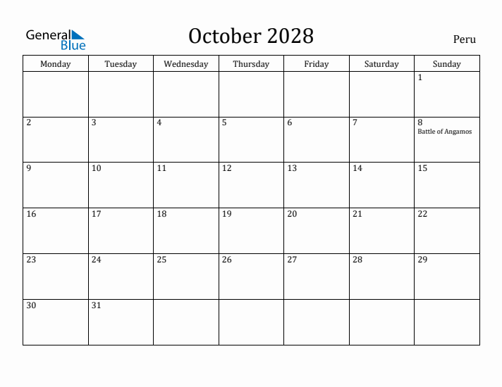 October 2028 Calendar Peru