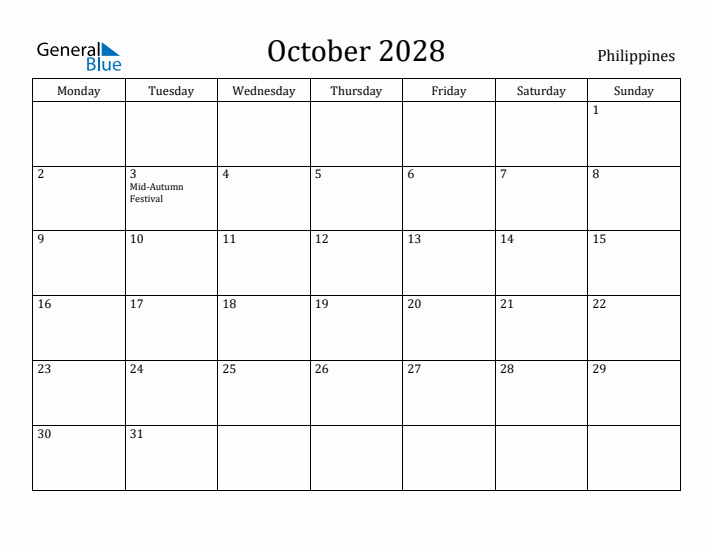 October 2028 Calendar Philippines