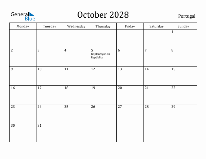 October 2028 Calendar Portugal