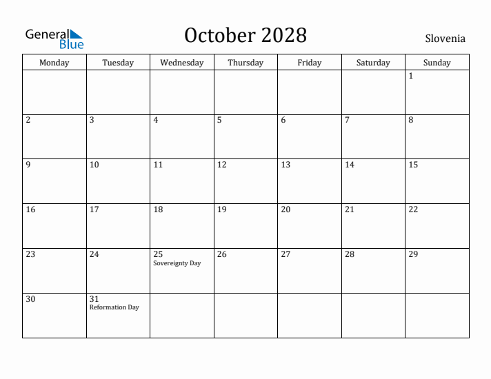 October 2028 Calendar Slovenia
