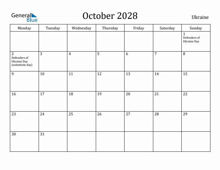 October 2028 Calendar Ukraine