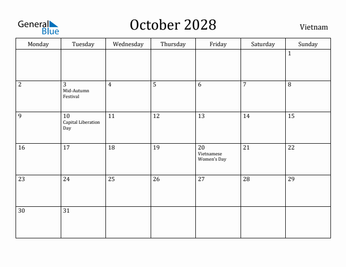 October 2028 Calendar Vietnam