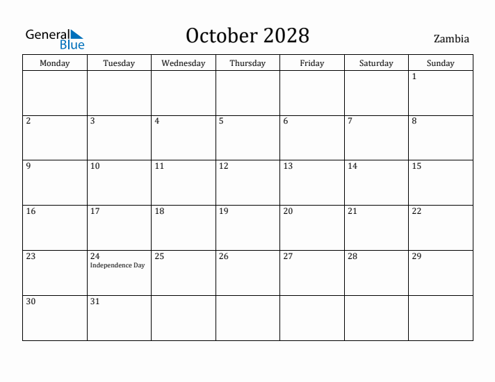 October 2028 Calendar Zambia