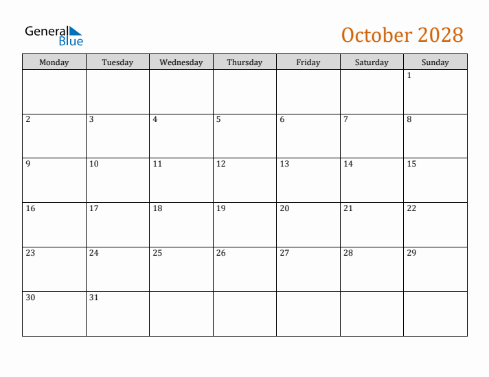 Editable October 2028 Calendar