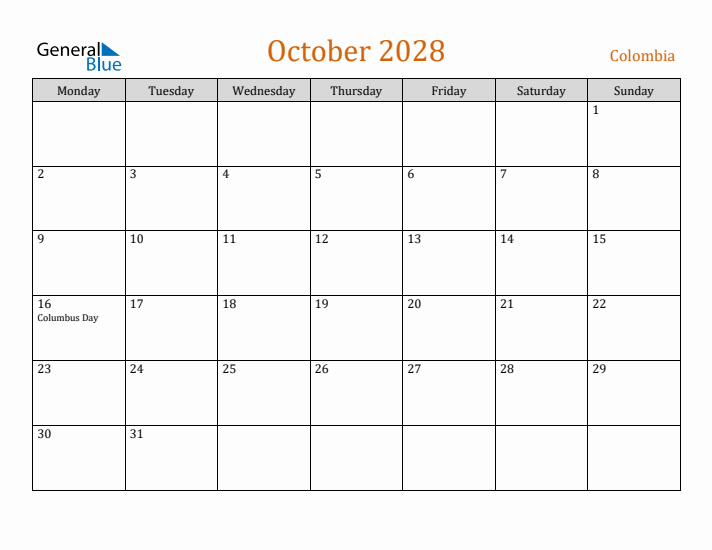 October 2028 Holiday Calendar with Monday Start