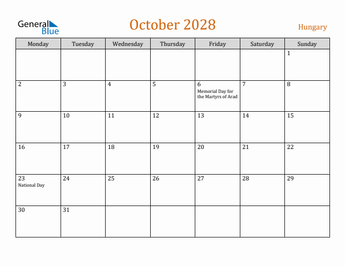 October 2028 Holiday Calendar with Monday Start