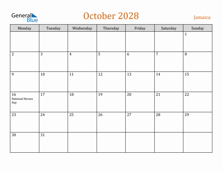 October 2028 Holiday Calendar with Monday Start