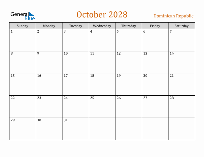 October 2028 Holiday Calendar with Sunday Start